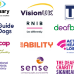 logos of Visionary, Vision UK, TPT, Guide Dogs, RNIB, Deafblind UK, Mencap, SeeAbility, Action on Hearing Loss, National Autistic Society, Sense, Signhealth